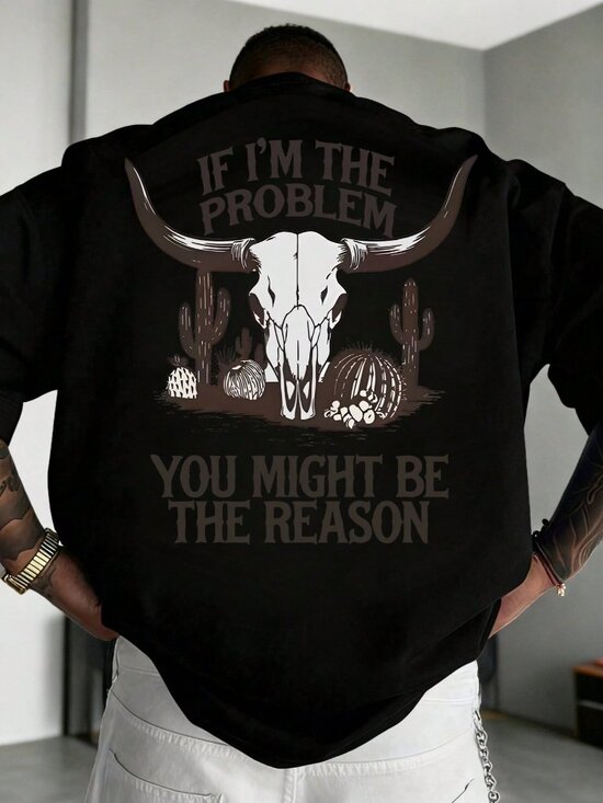 Other - Black Casual Men's Loose Round Neck Drop Sleeve Graphic T-Shirt